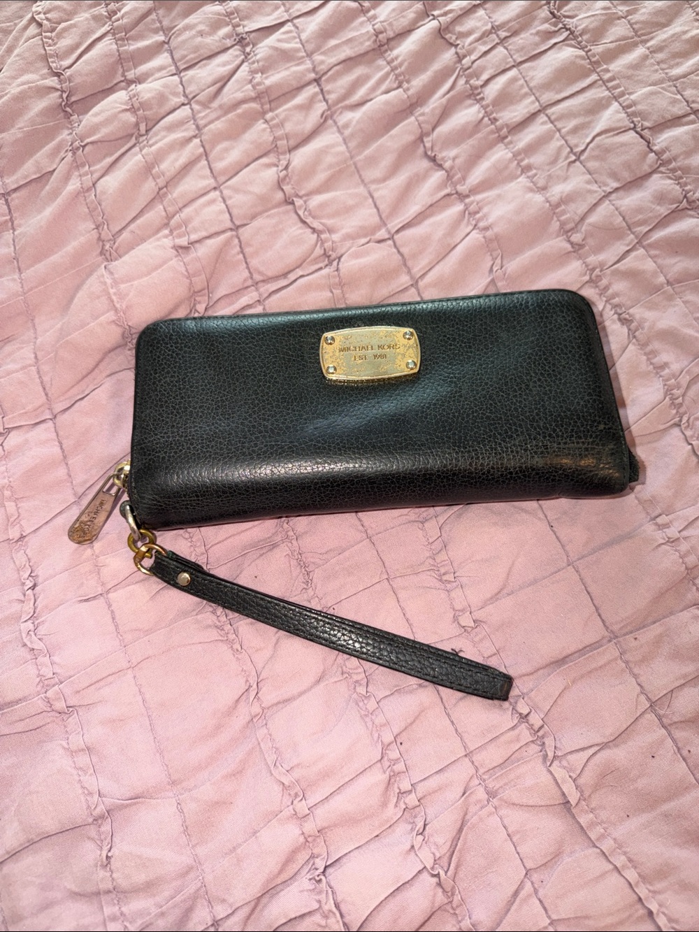 Michael Kors Black Leather Zip Wristlet with Gold Plaque